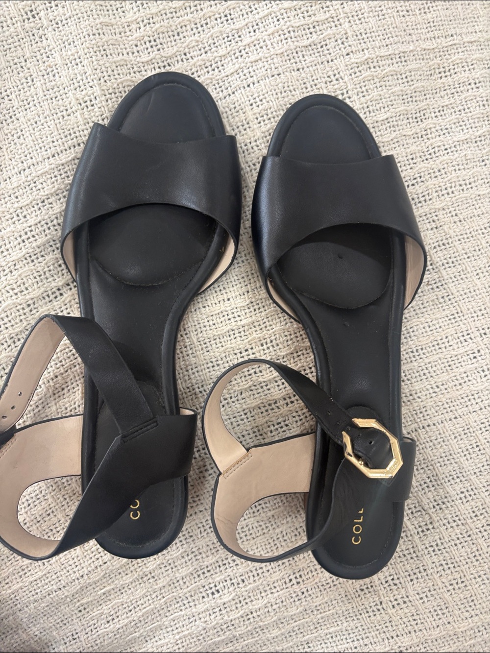 Cole Haan Black Leather Open-Toe Ankle Strap Sandals with Gold Hex Buckle